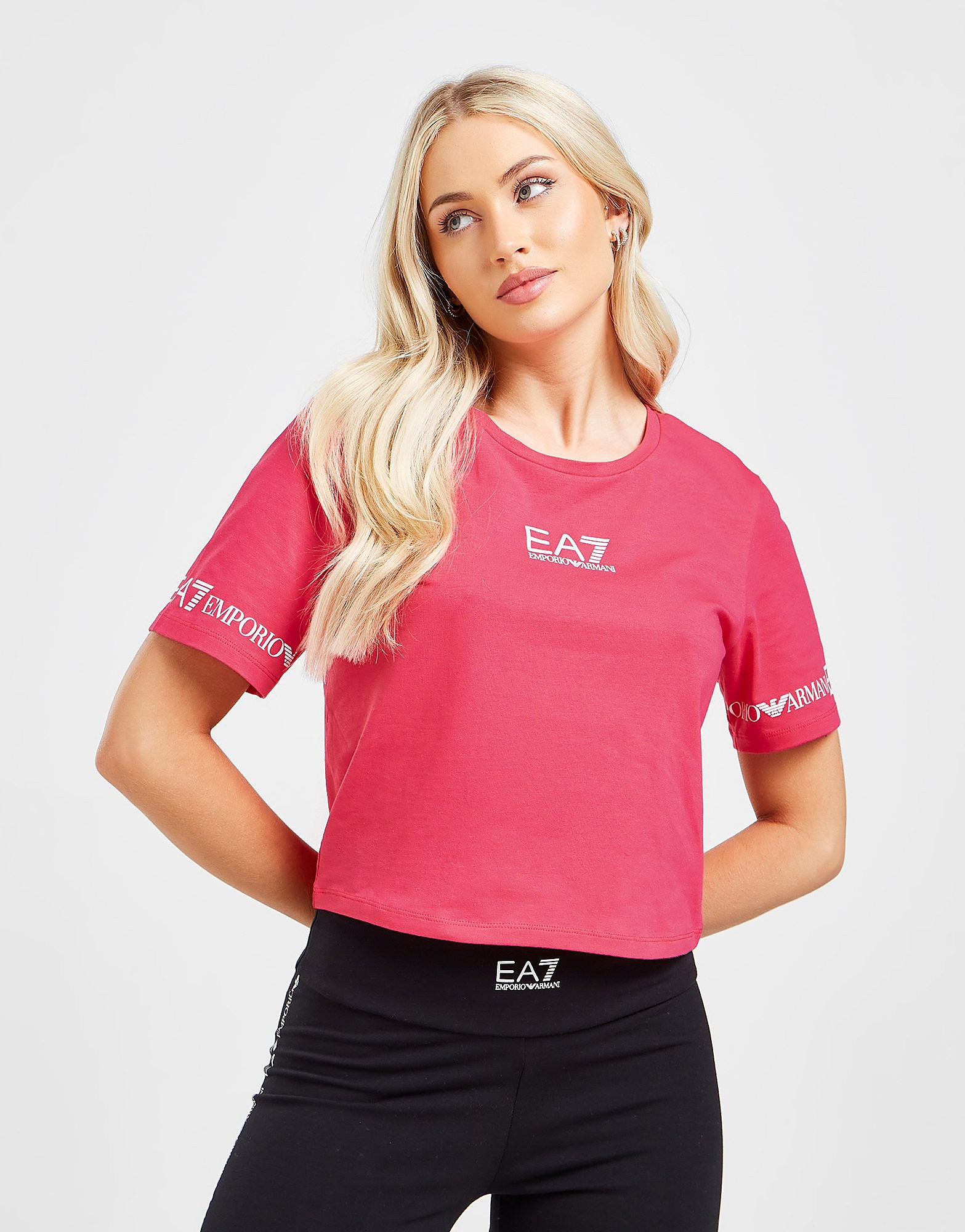 Emporio Armani EA7 T-Shirt Tape Sleeve Crop - Cor-de-rosa - Womens, Cor-de-rosa