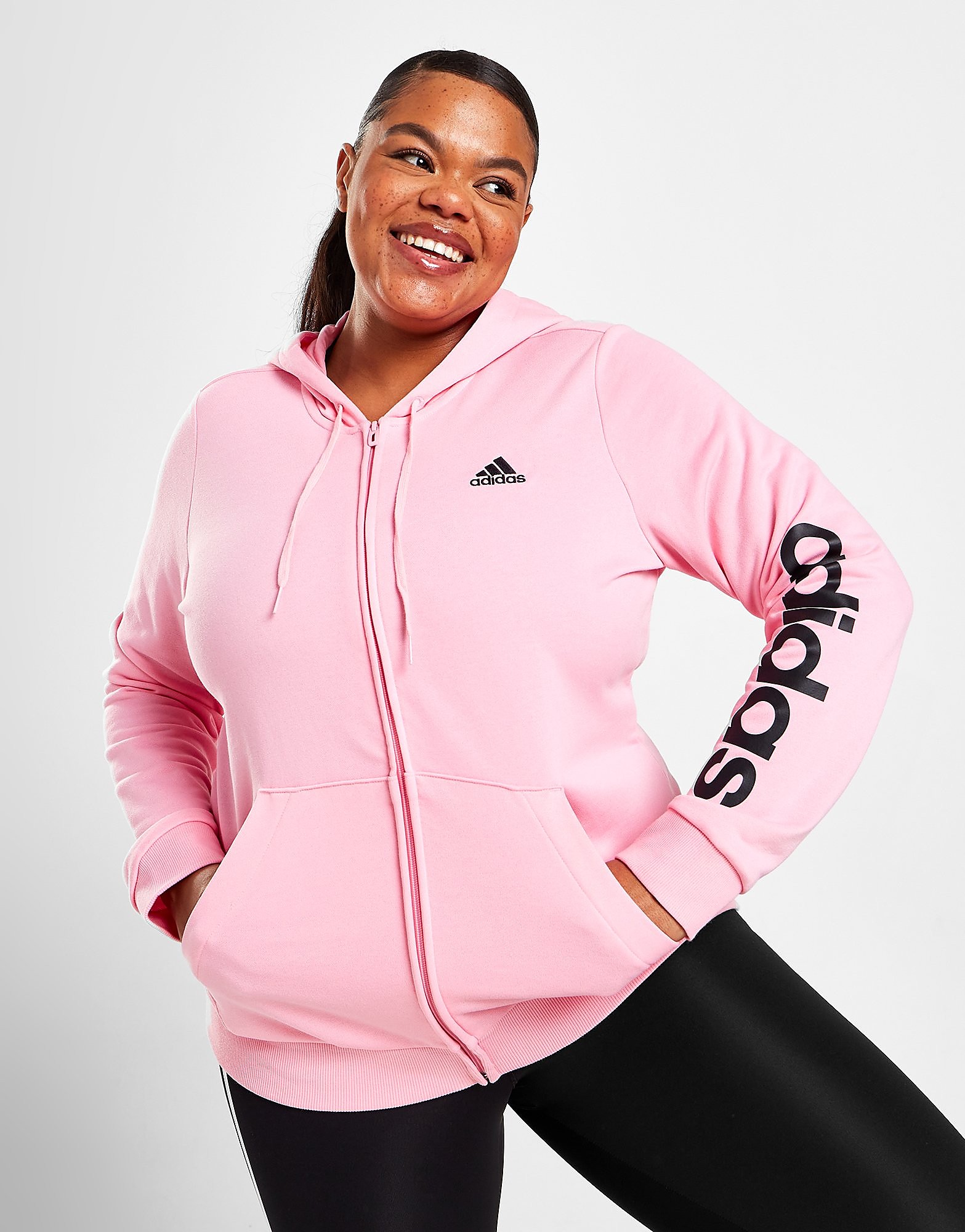 

adidas Plus Size Core Linear Full Zip Hoodie - Light Pink / Black - Womens, Light Pink / Black