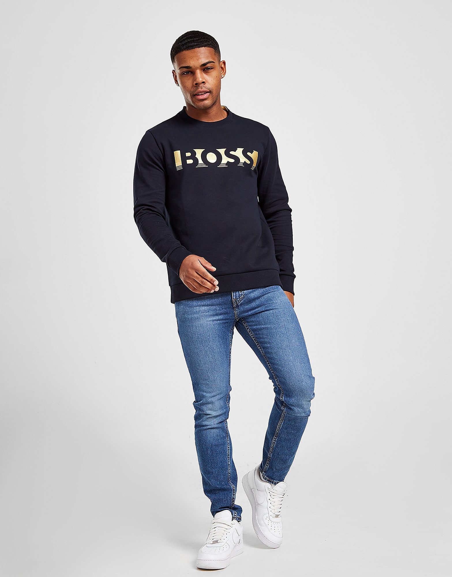 

BOSS Salbo Large Logo Crew Sweatshirt - Navy/Gold - Mens, Navy/Gold
