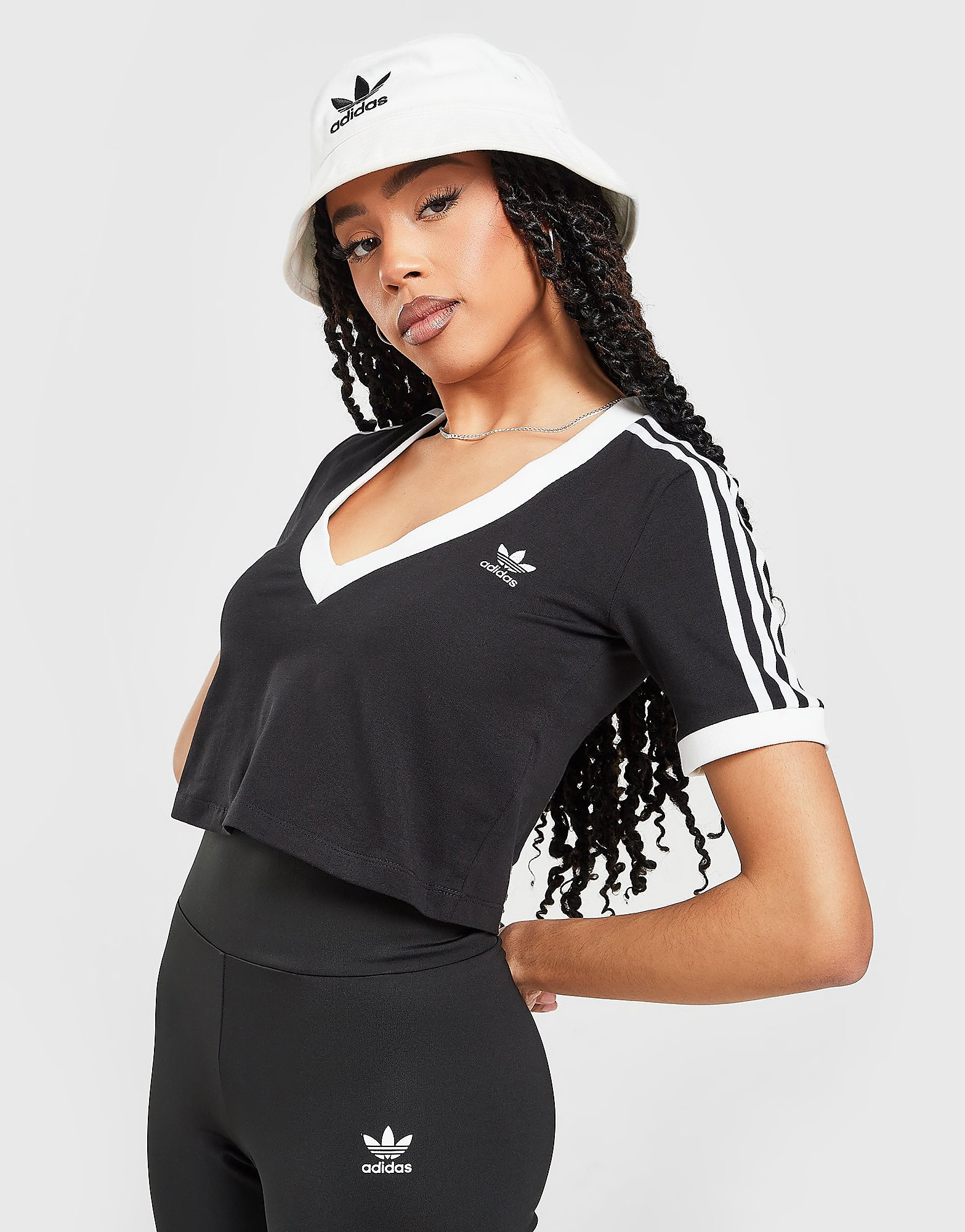 

adidas Originals 3-Stripes V-Neck Crop T-Shirt - Black - Womens, Black