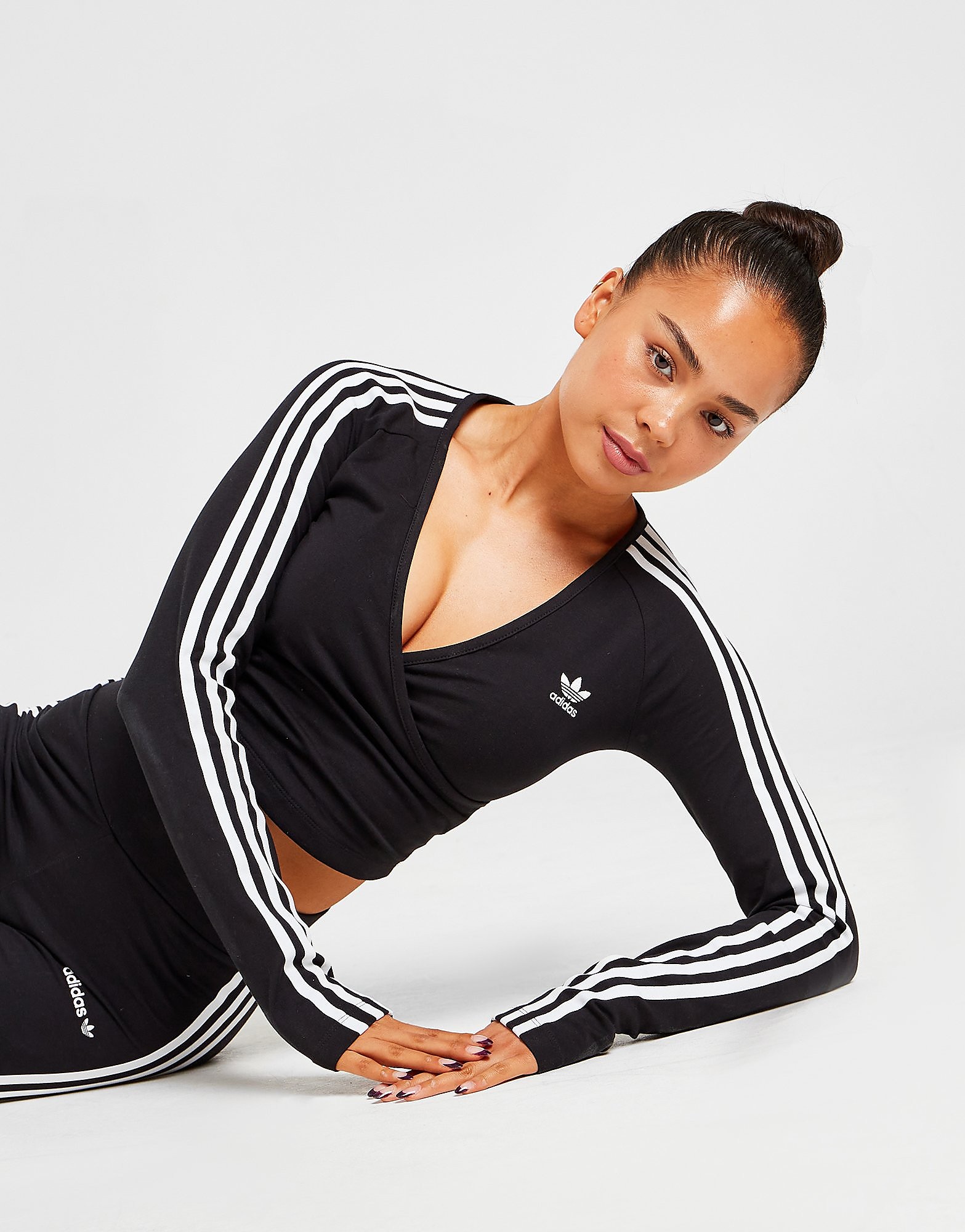 

adidas Originals 3-Stripes Long Sleeve Wrap Top - Black - Womens, Black