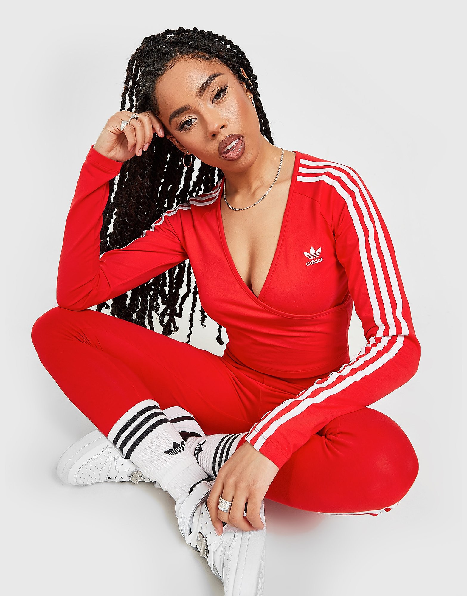 

adidas Originals 3-Stripes Long Sleeve Wrap Top - Red - Womens, Red