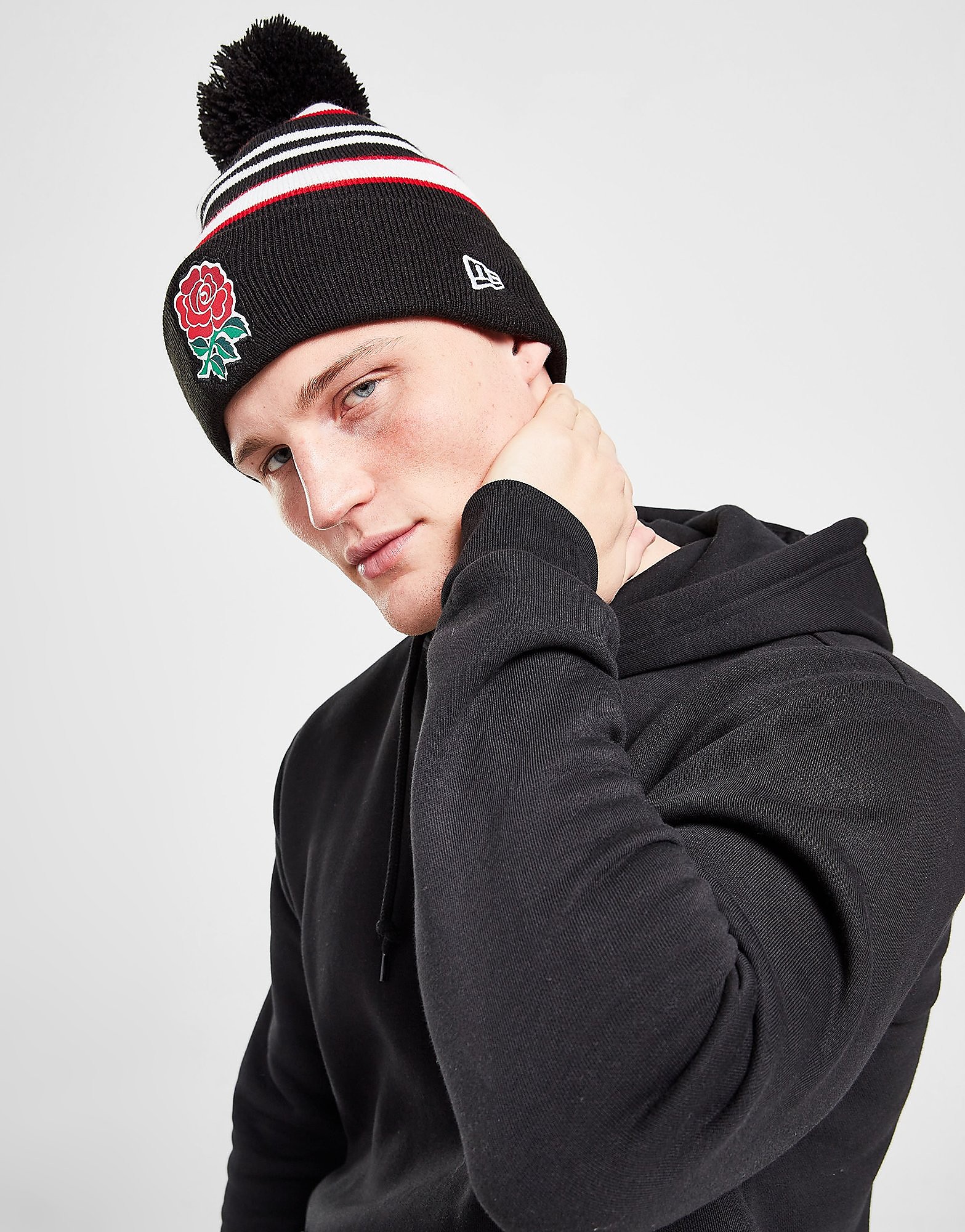 

New Era England RFU Striped Pom Beanie - Black - Womens, Black
