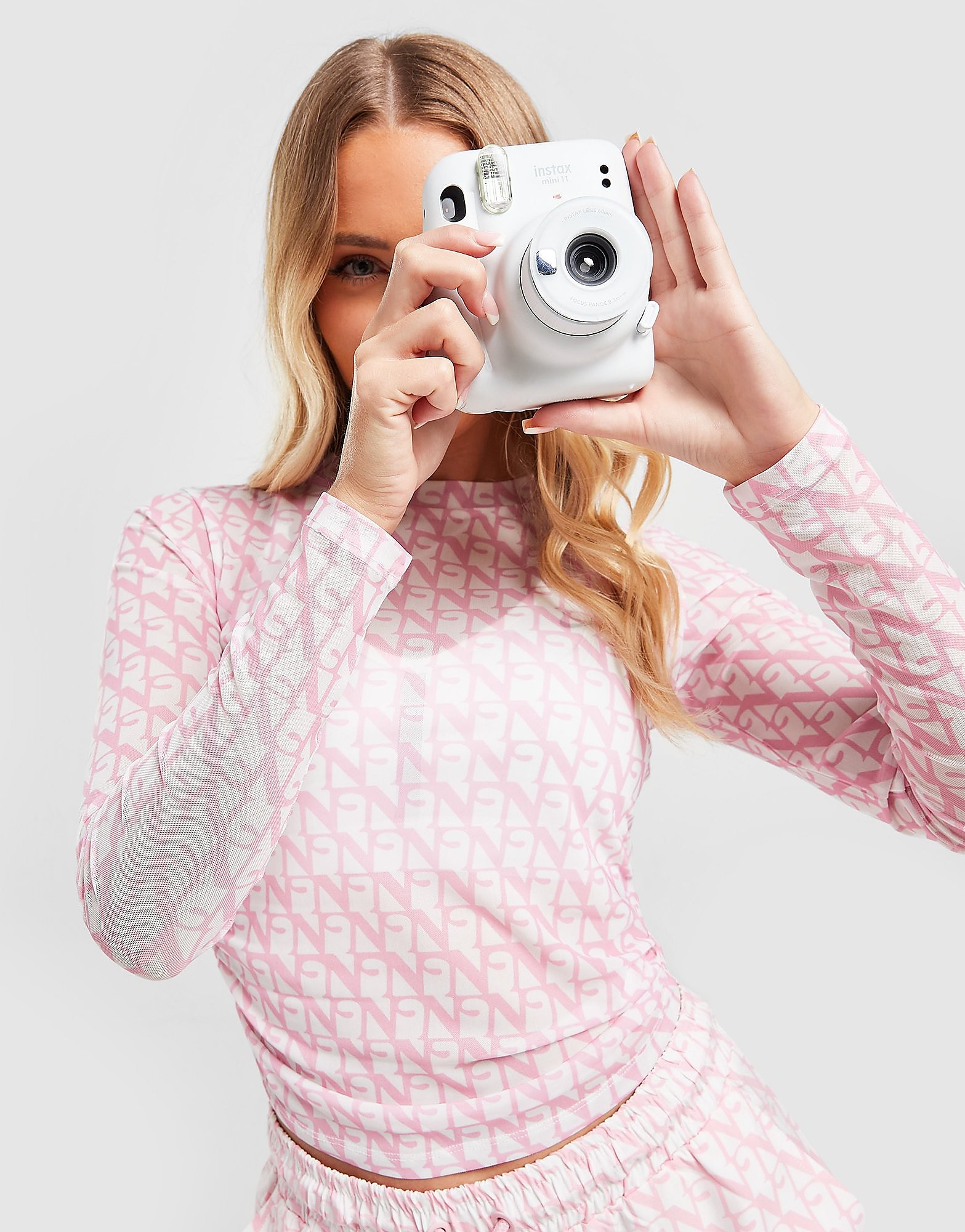 Nicce All Over Print Mesh Long Sleeve Crop Top - Pink/White - Womens, Pink/White