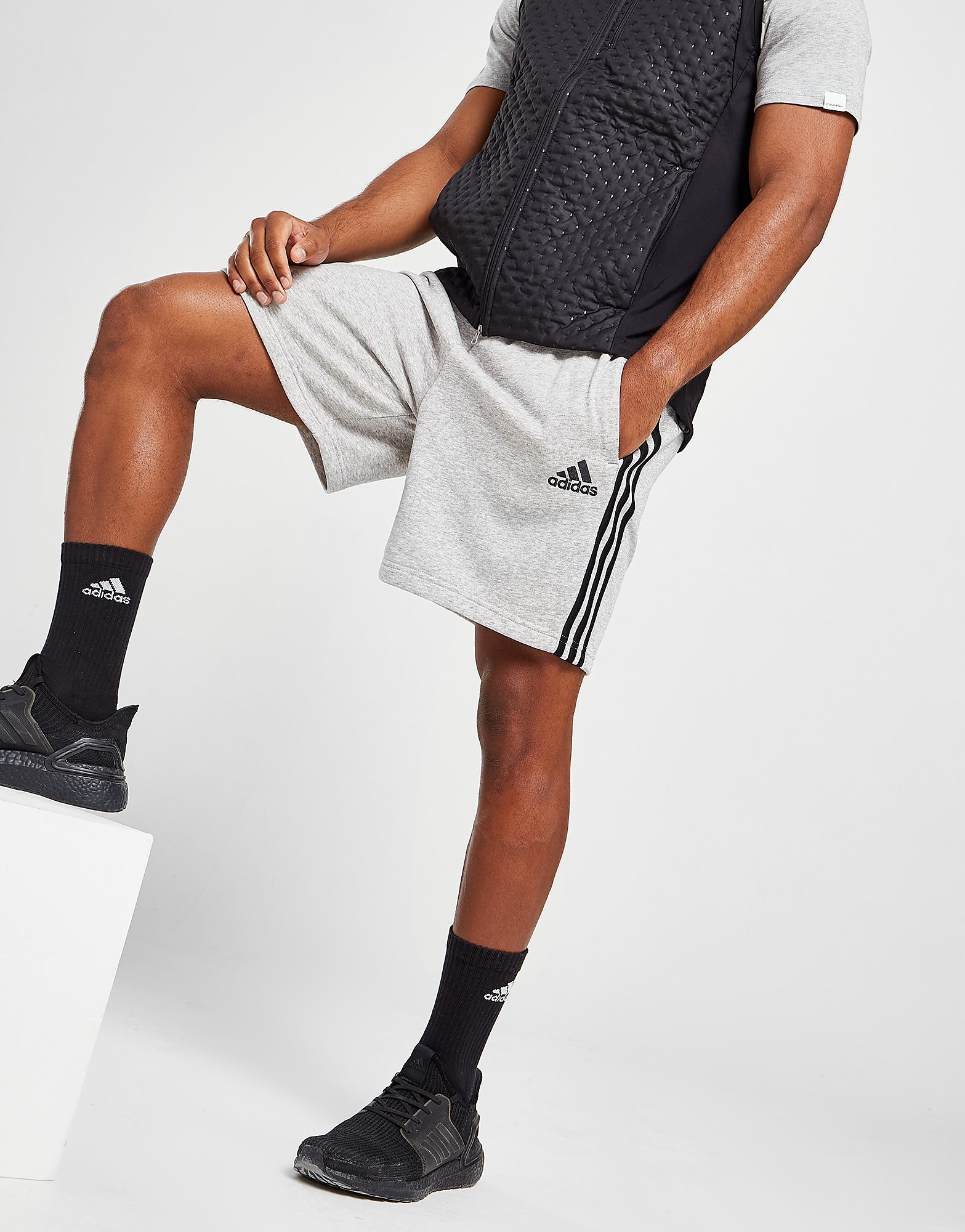 

adidas Badge of Sport 3-Stripes Shorts - Medium Grey Heather / Black - Mens, Medium Grey Heather / Black