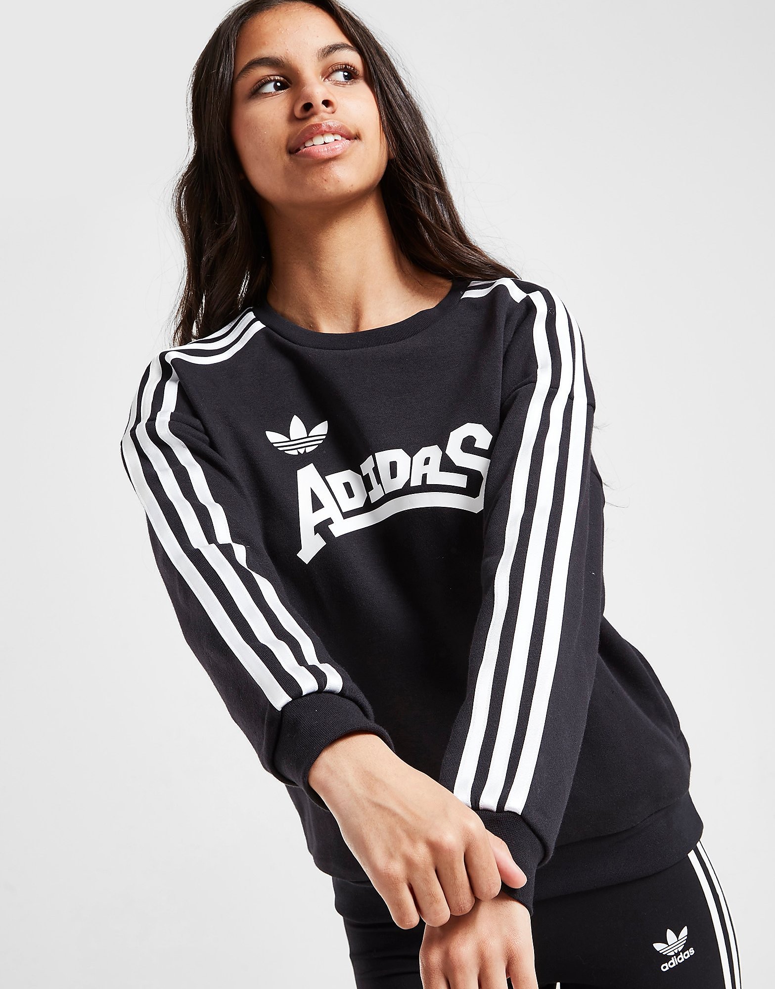 

adidas Originals Girls' Graphic Crew Sweatshirt Junior - Black / White/White - Kids, Black / White/White
