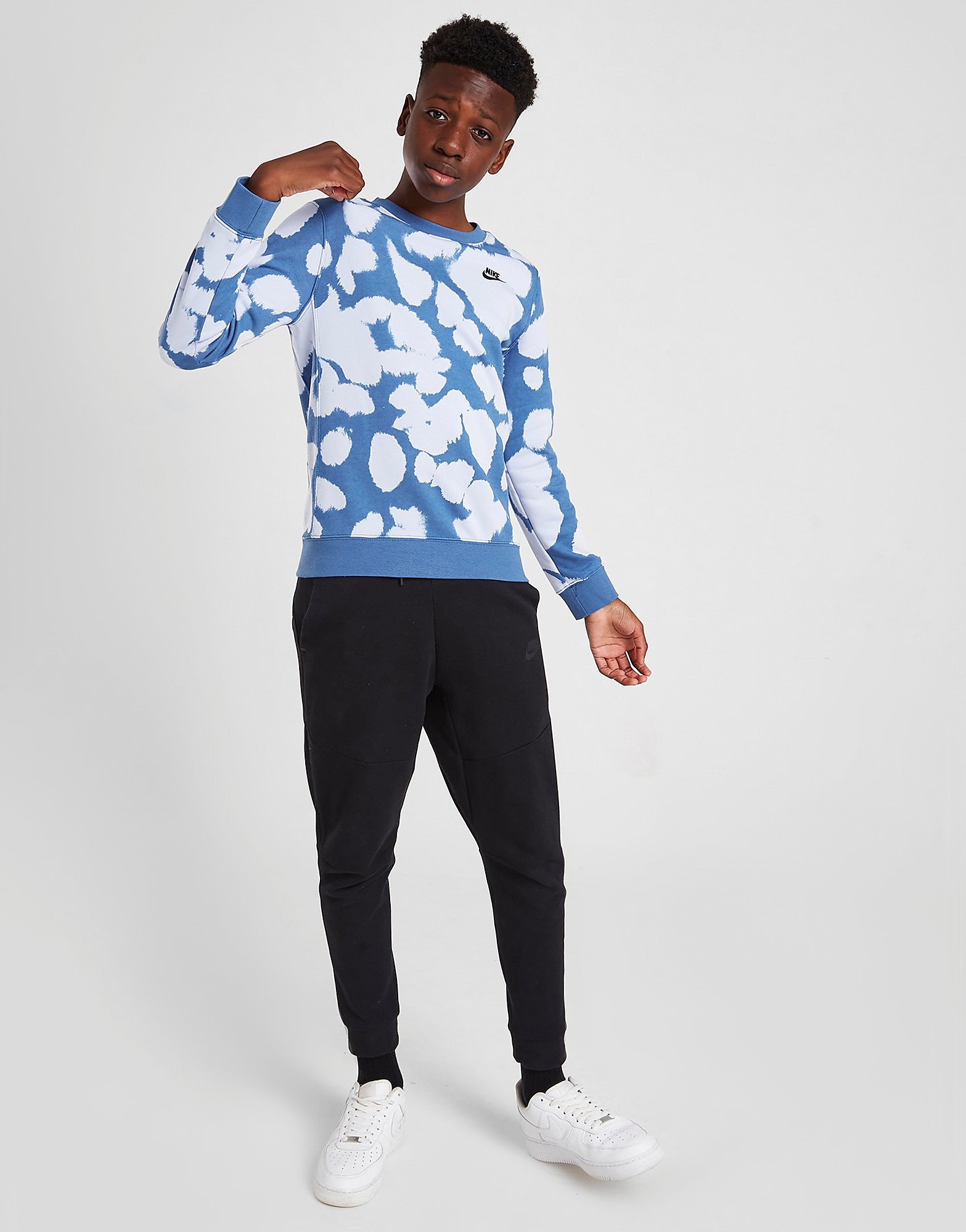 

Nike All Over Print French Terry Crew Sweatshirt Junior - Dark Marina Blue/Black - Kids, Dark Marina Blue/Black