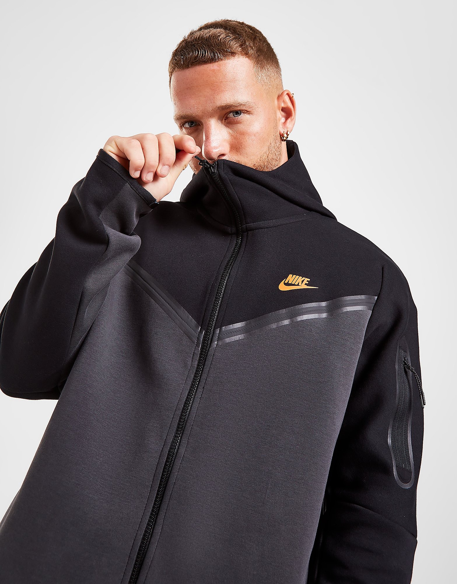 Nike Tech Fleece Full Zip Hoodie - Black/Dark Smoke Grey/Safety Orange/Orange - Mens, Black/Dark Smoke Grey/Safety Orange/Orange