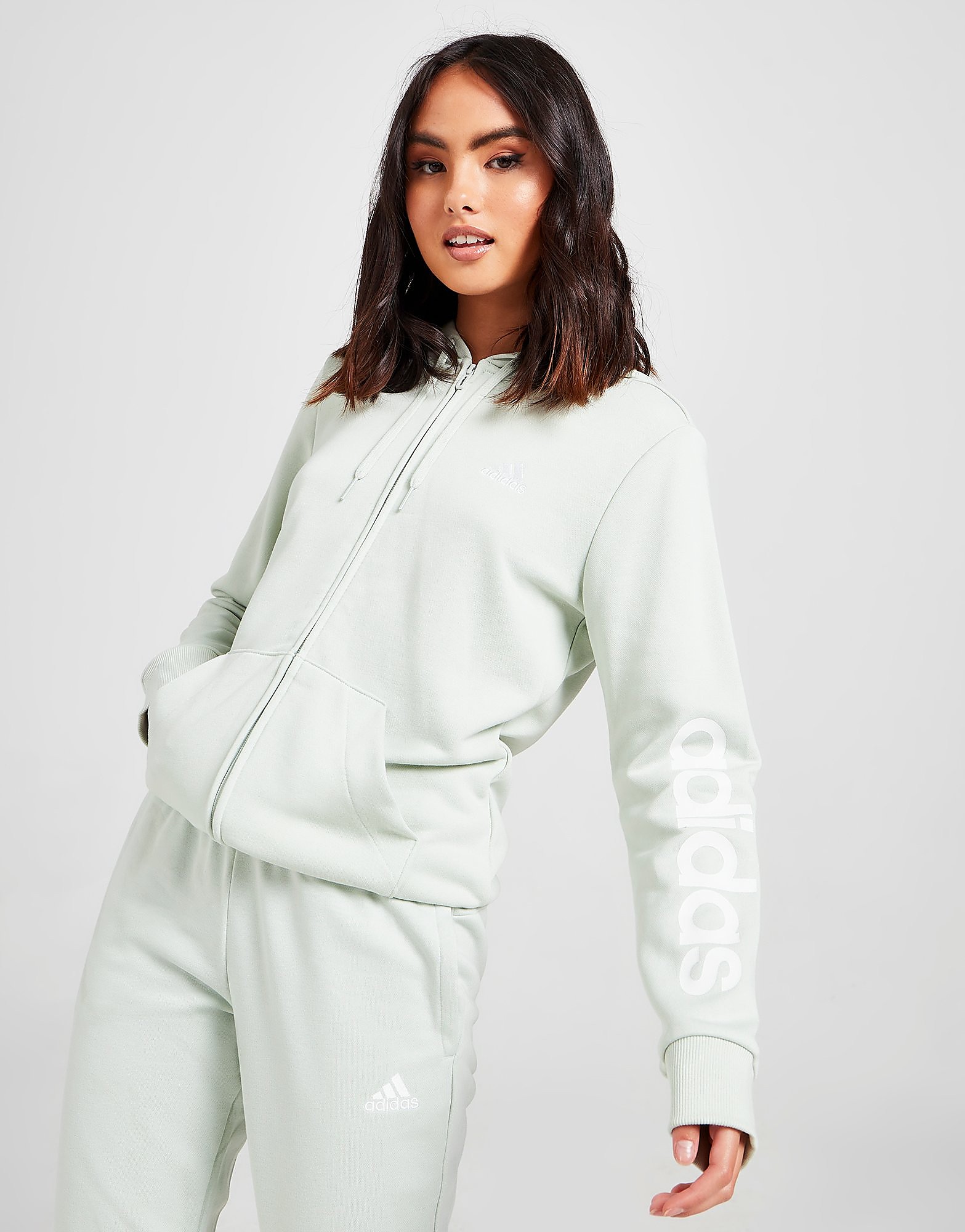 

adidas Core Linear Full Zip Hoodie - Linen Green / White - Womens, Linen Green / White