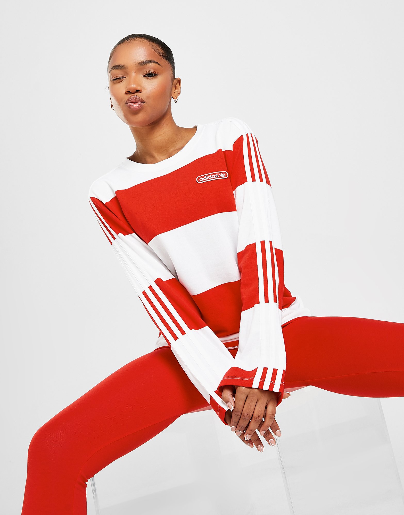 

adidas Originals Stripe Long Sleeve T-Shirt - Vivid Red / White - Womens, Vivid Red / White