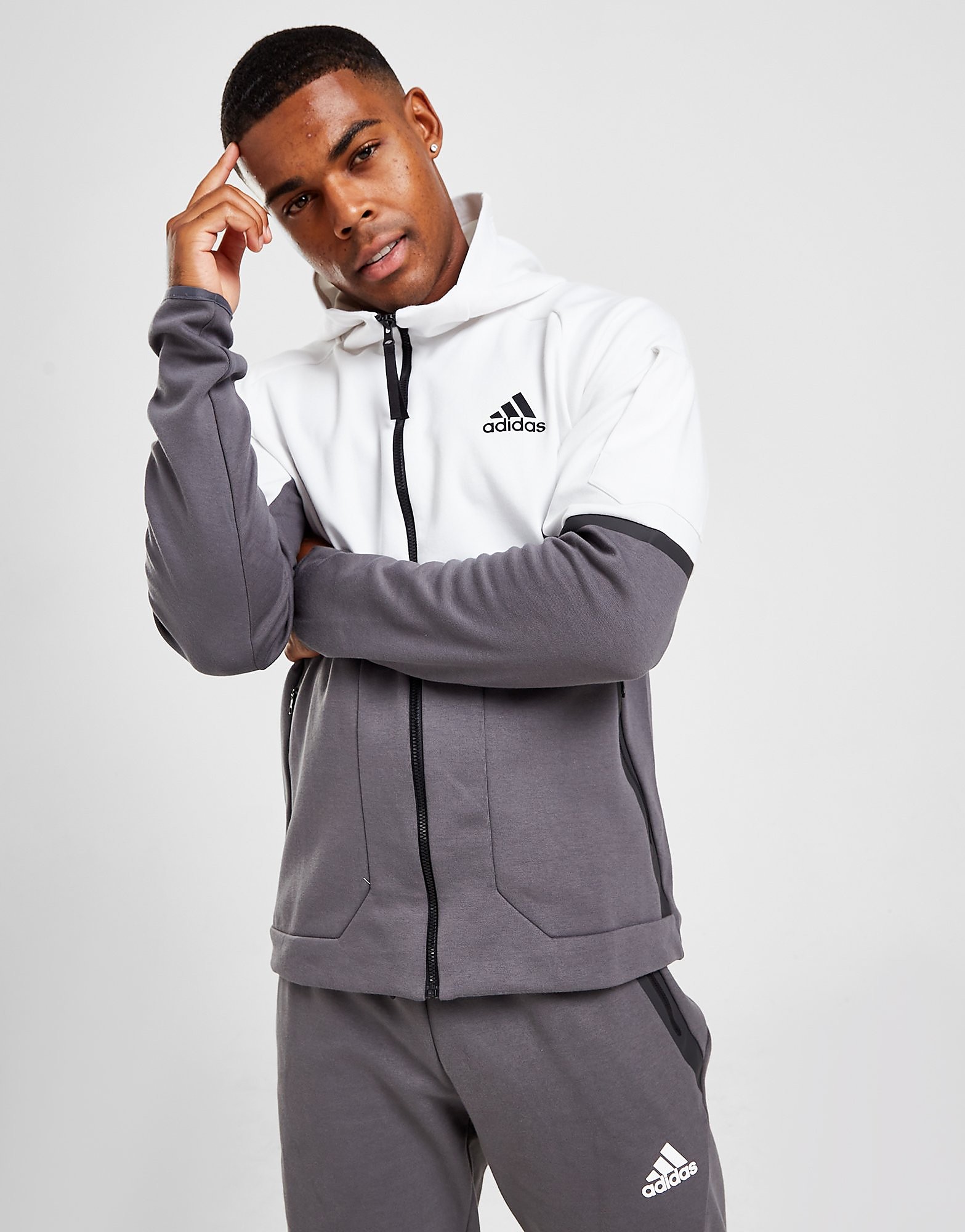 

adidas Designed for Gameday Full Zip Hoodie - Only at JD - Grey/White - Mens, Grey/White
