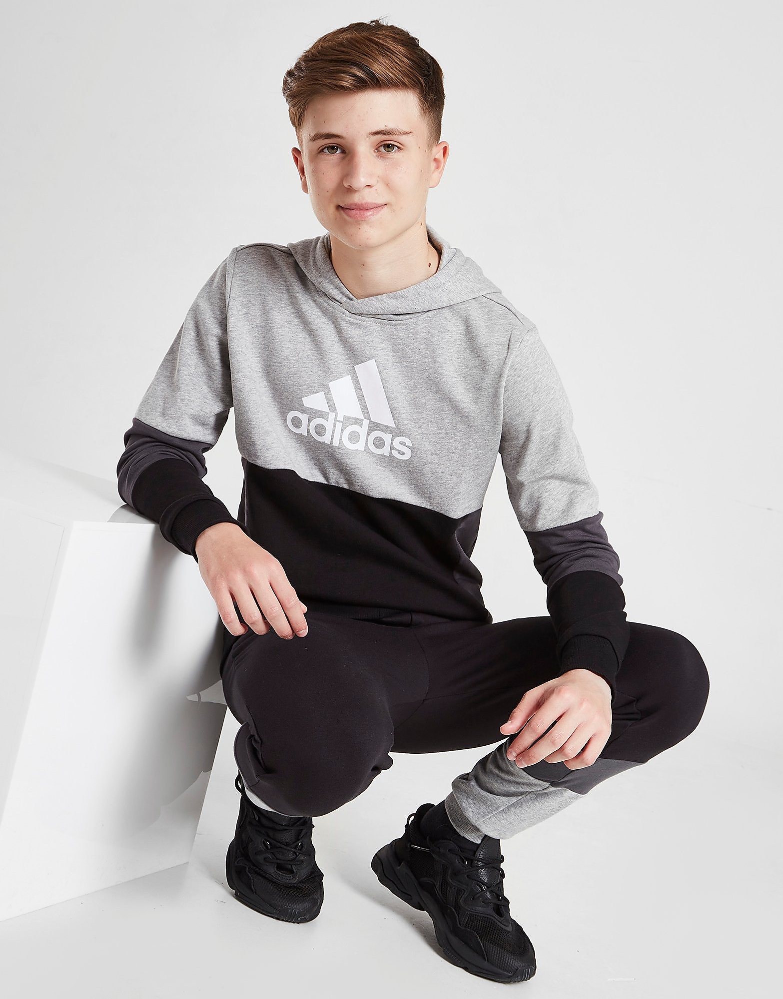 

adidas Colourblock Hoodie Junior - Medium Grey Heather / White / Black - Kids, Medium Grey Heather / White / Black