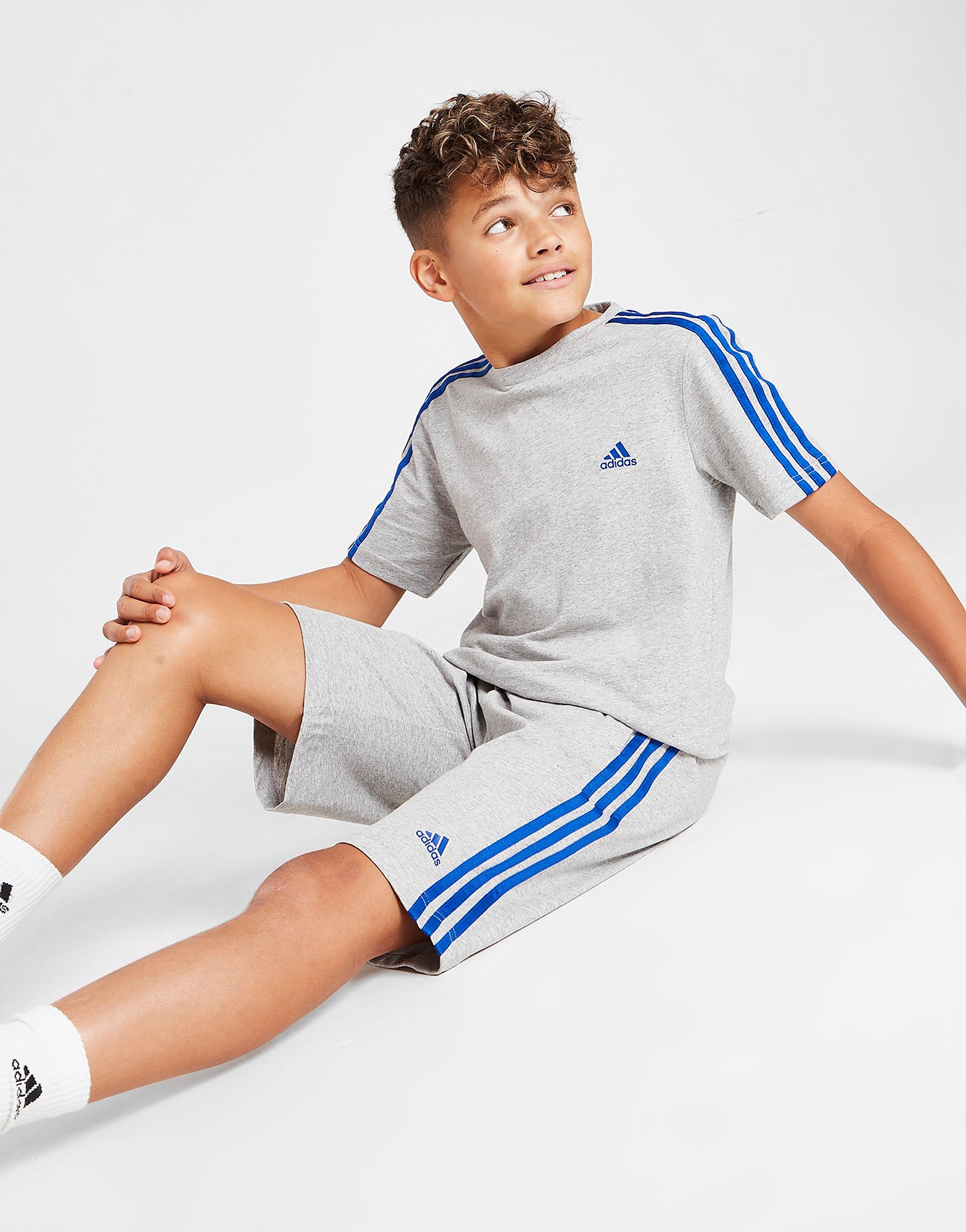 

adidas 3-Stripes Small Logo Shorts Junior - Medium Grey Heather / Royal Blue - Kids, Medium Grey Heather / Royal Blue
