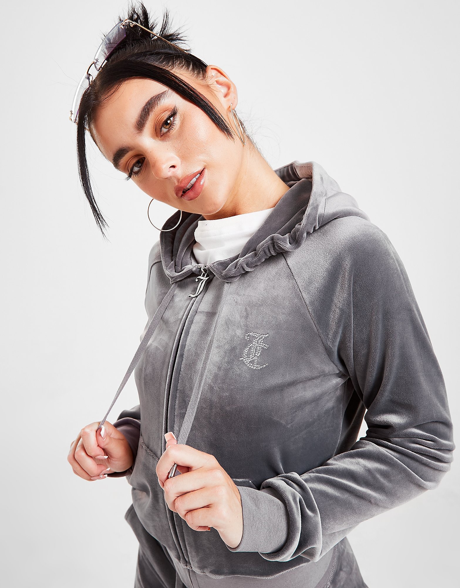 

JUICY COUTURE Diamante Velour Full Zip Hoodie - Grey - Womens, Grey