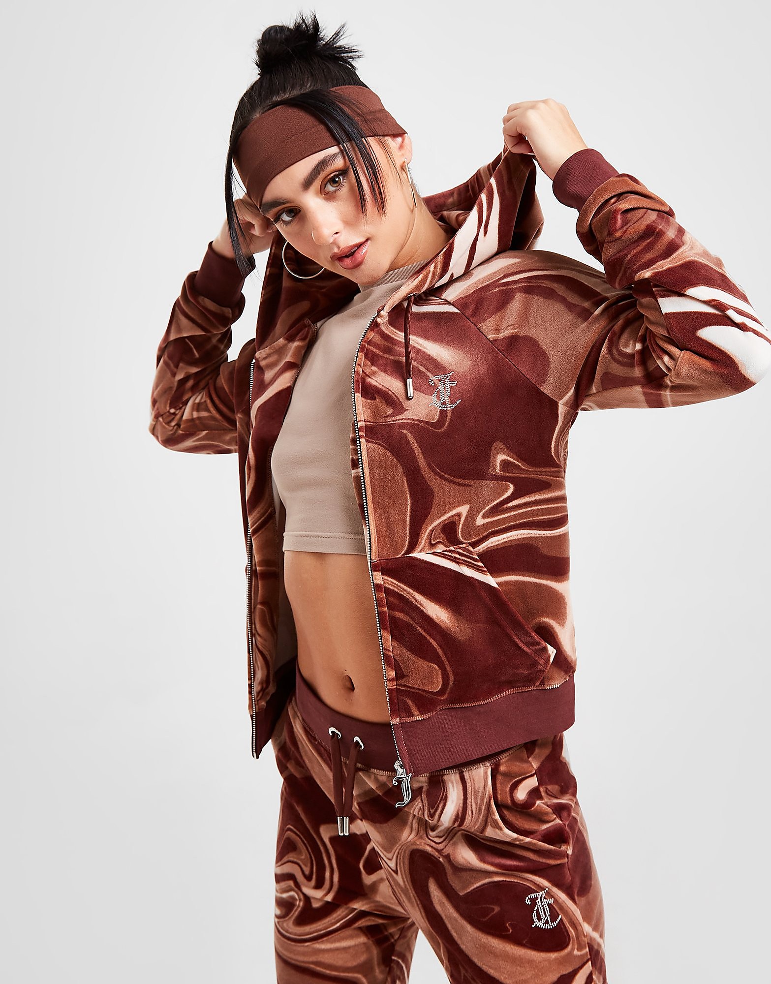 

JUICY COUTURE Marble Velour Full Zip Hoodie - Brown - Womens, Brown