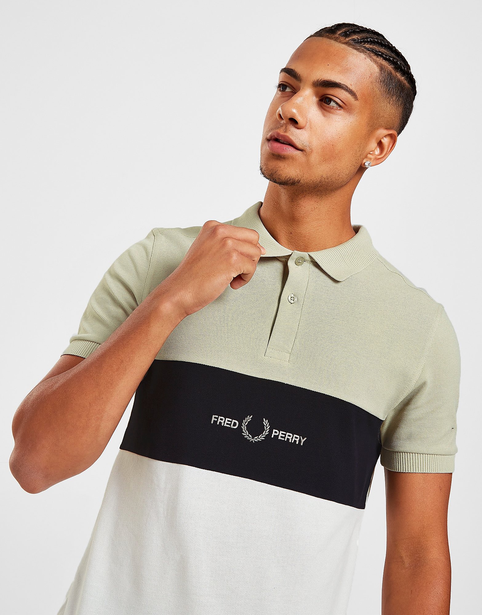 

Fred Perry Embroidered Colour Block Polo Shirt - Green/White - Mens, Green/White