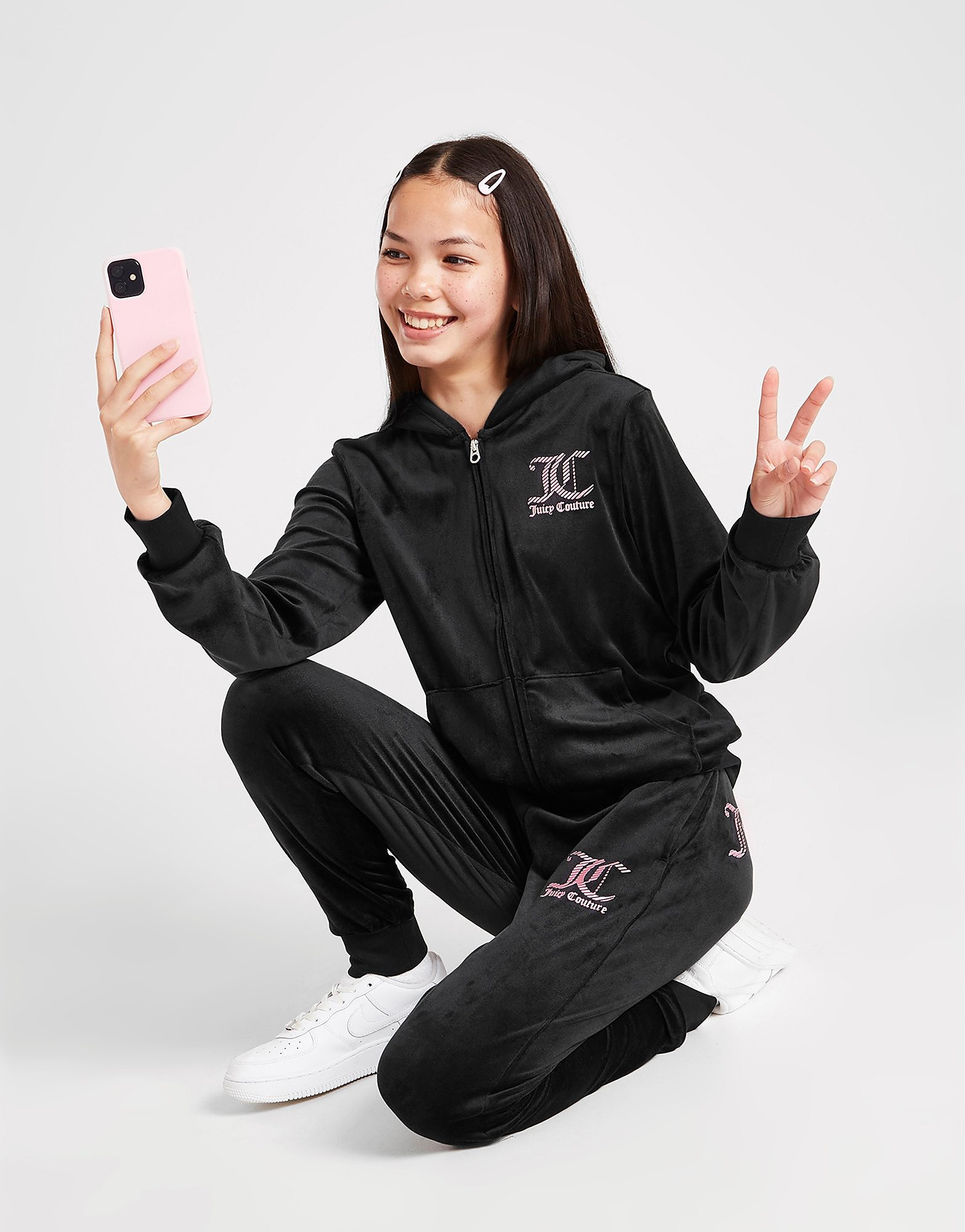 

JUICY COUTURE Girls' Velour Full Zip Hooded Tracksuit Junior - Black - Kids, Black