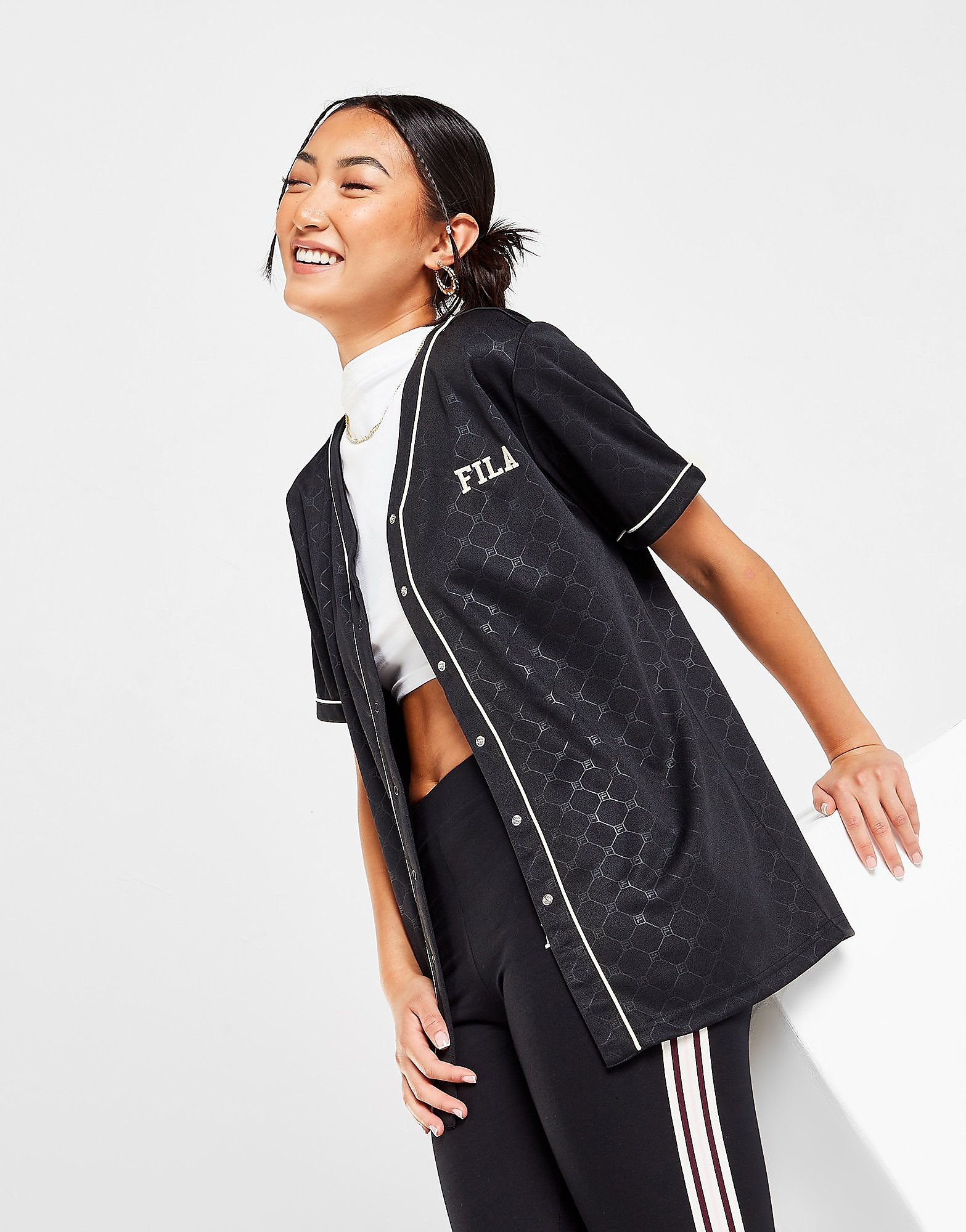 

Fila All Over Print Baseball Shirt - Black - Womens, Black