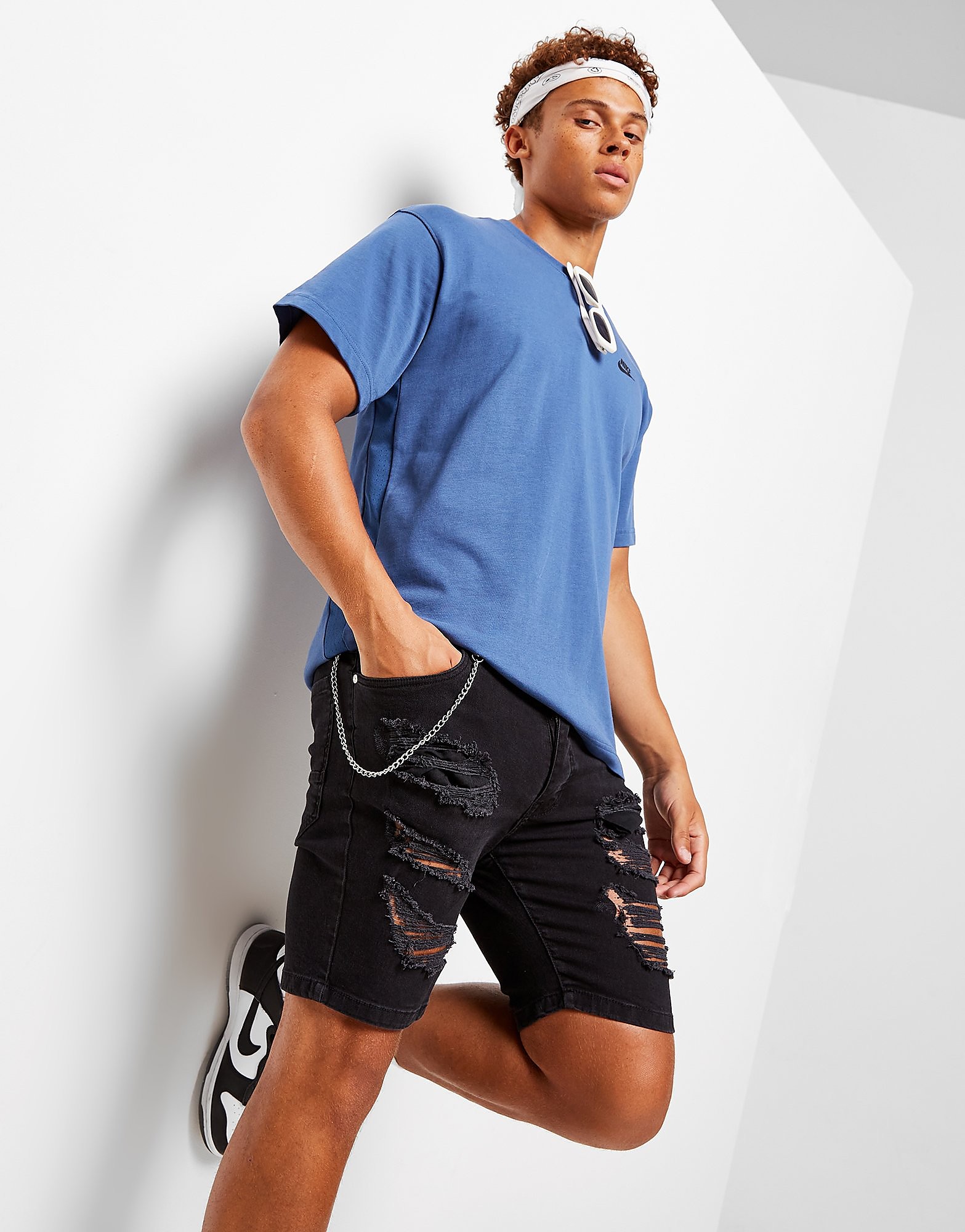 Brave Soul Ripped Denim Chain Shorts - Black - Mens, Black