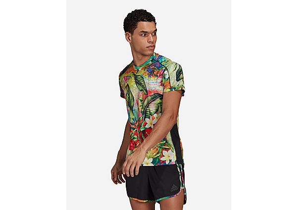 adidas T-shirt Own the Run Floral - Hazy Sky / Scarlet, Hazy Sky / Scarlet